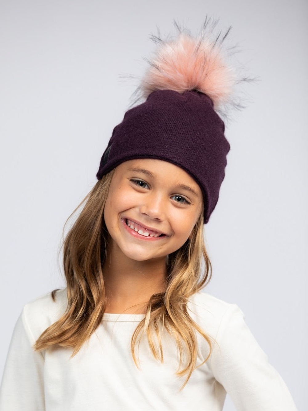 b.b. Sheep Girls Cashmere Beanie Hat Purple Peach Pom Pom